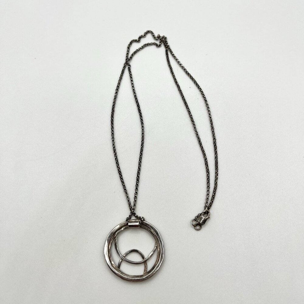 Sterling Silver Modernist Double Circle Pendant Necklace 925 Minimalist Artisan - Picture 2 of 10